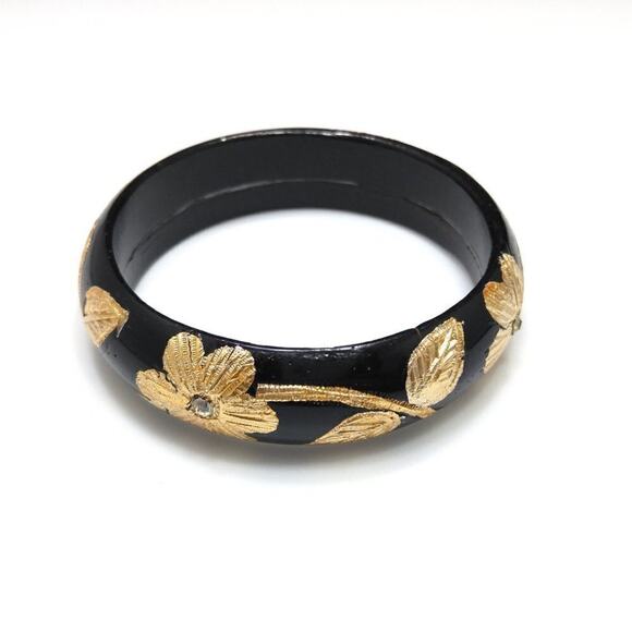 Vintage Lacquered Gold Floral Inlay Bangle Bracelet, Black Gold, 7 1/4 Inches - Picture 3 of 8